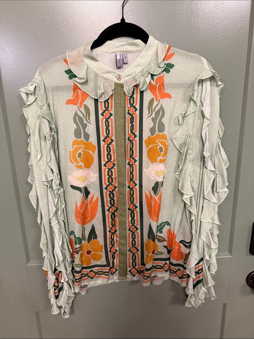 Floral Ruffle Button-Up Blouse in Mint with Orange & Yellow Print